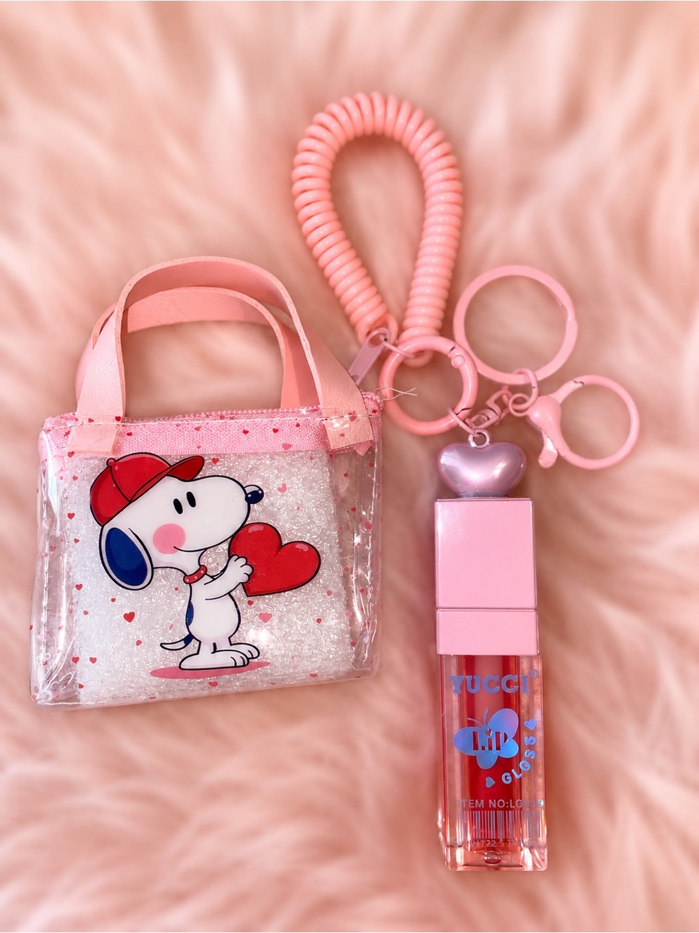 Pink Lip Gloss with Heart Charm and Pink Snoopy Clear Coin Purse Keychain